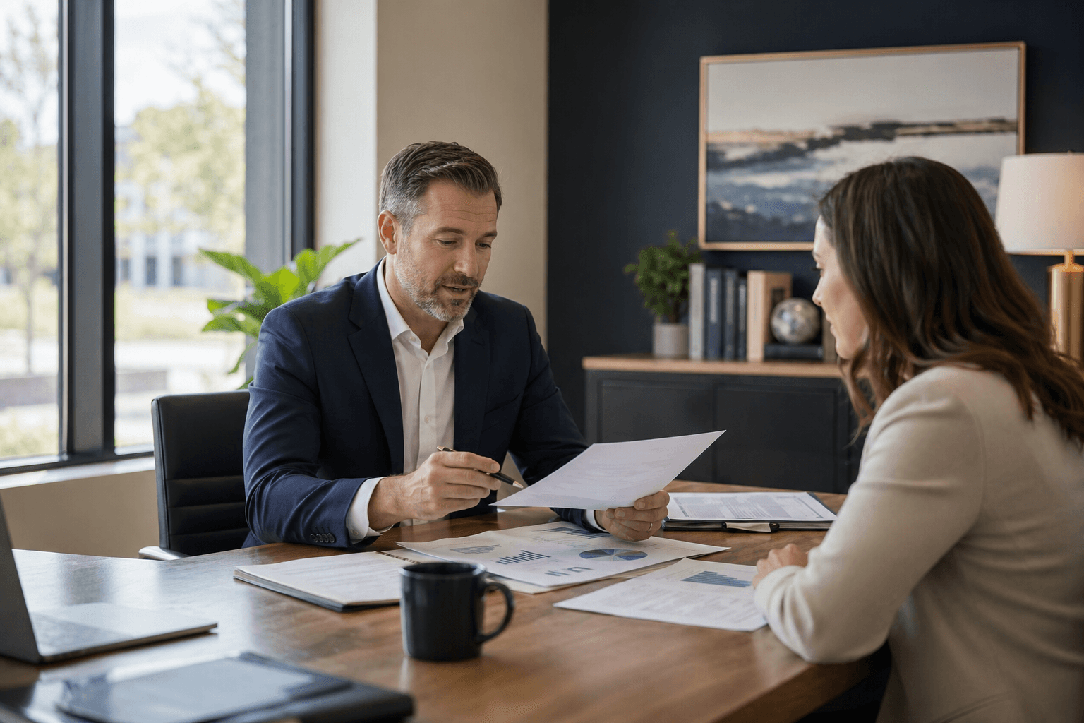 Independent insurance advisor reviewing coverage documents with a client