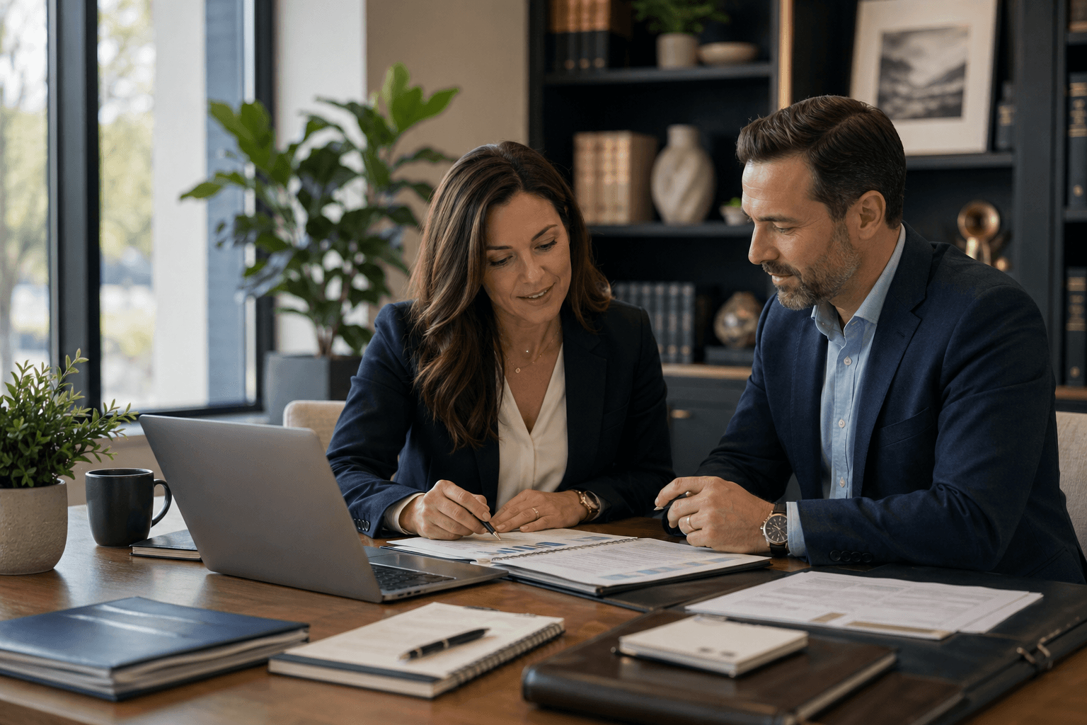 Insurance professionals collaborating in a modern advisory office