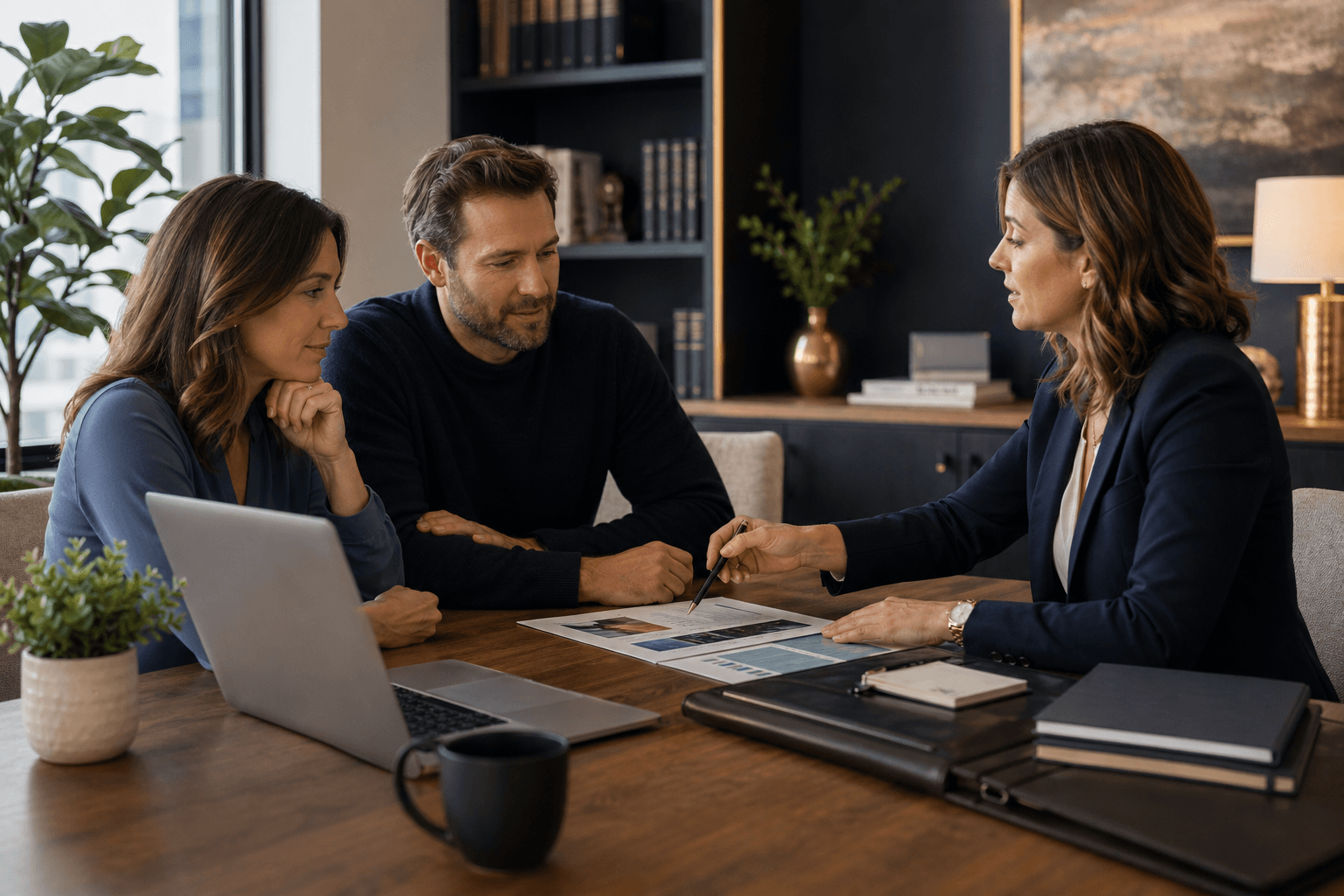 Insurance advisor explaining coverage options to clients in a professional office