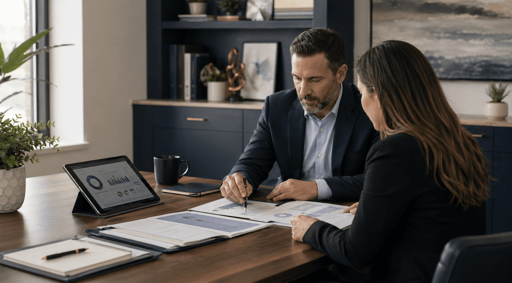 Insurance advisor comparing coverage options during a risk planning review