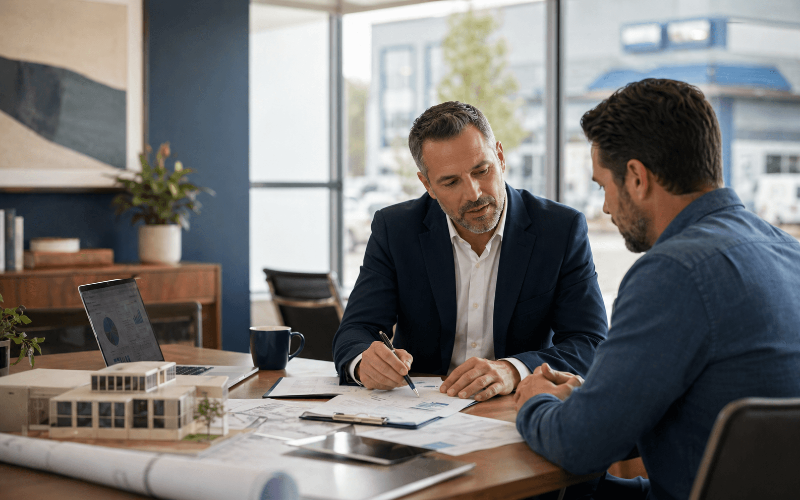 Commercial insurance advisor reviewing business coverage with a client