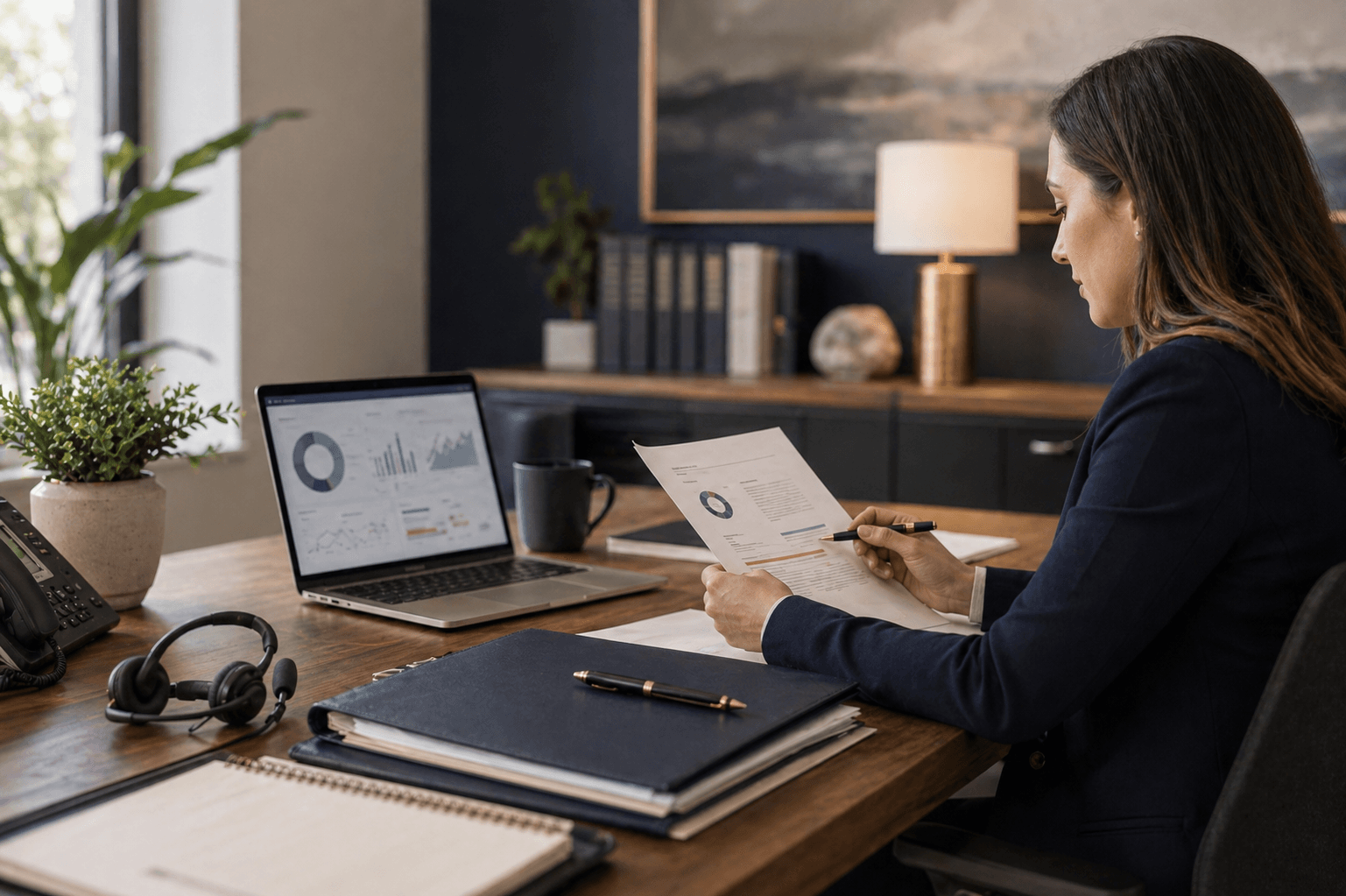 Insurance client services advisor reviewing policy support documents