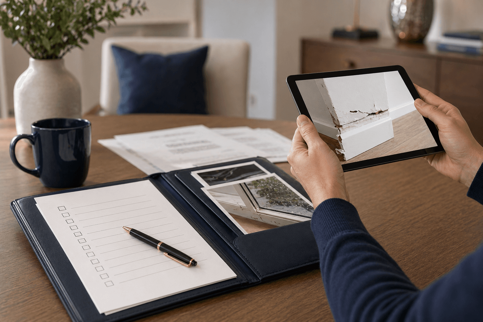 Calm insurance claim documentation with property damage photos and checklist
