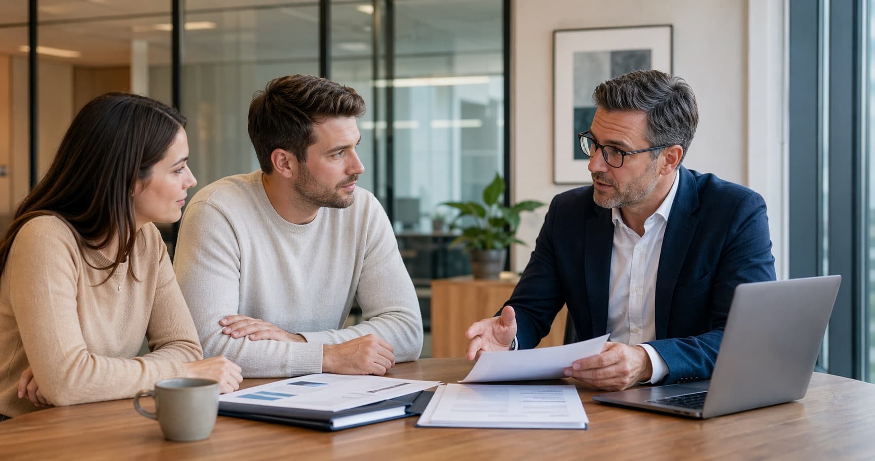 Insurance advisor meeting with clients at a desk