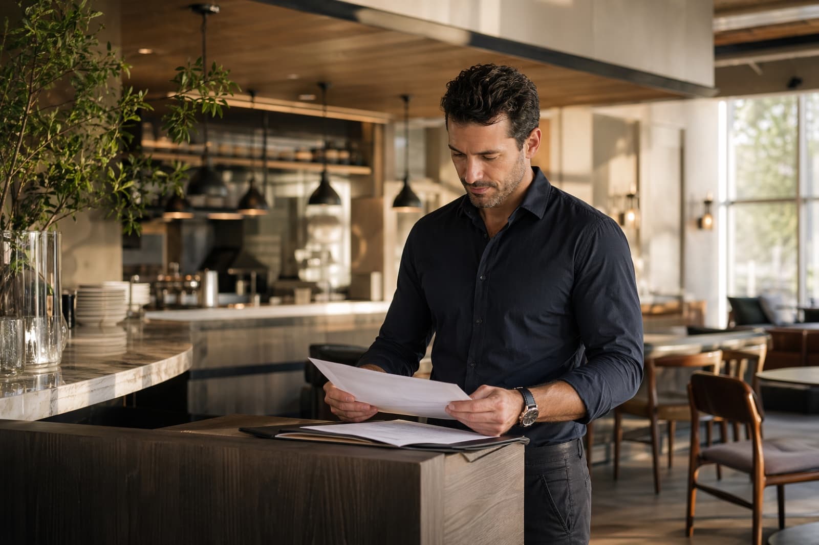 Restaurant owner reviewing commercial insurance documents before service