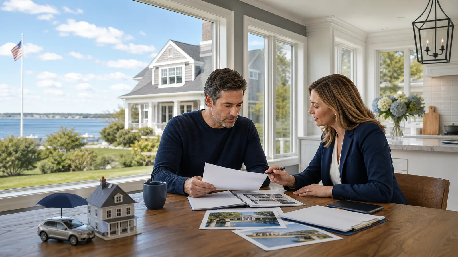 Homeowner reviewing insurance coverage with an advisor in a Long Island home