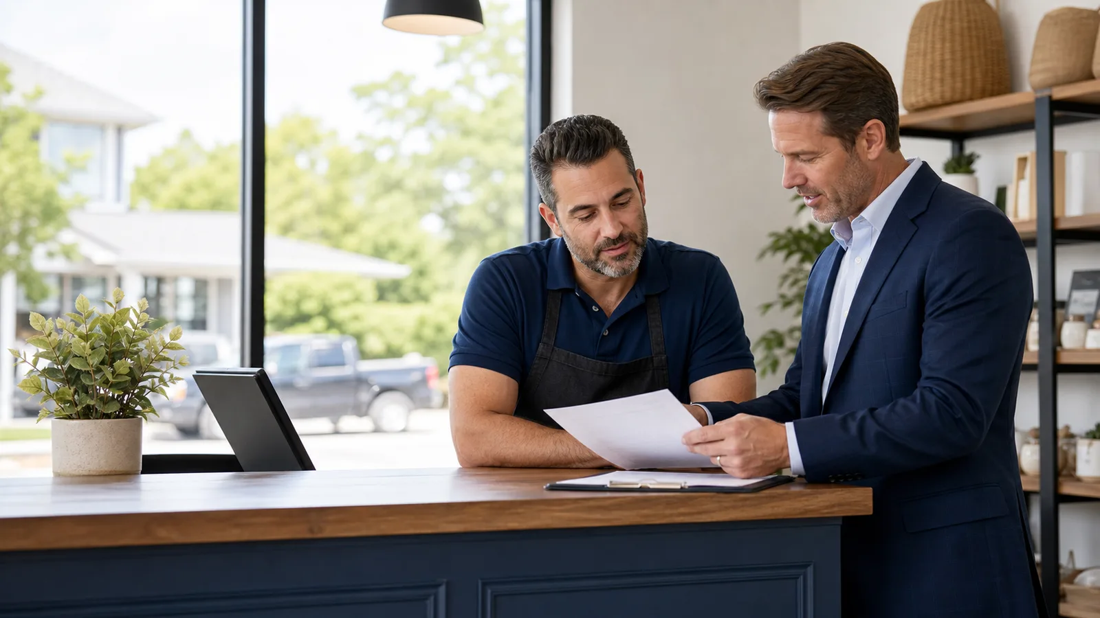 Insurance advisor reviewing coverage with a Long Island small business owner
