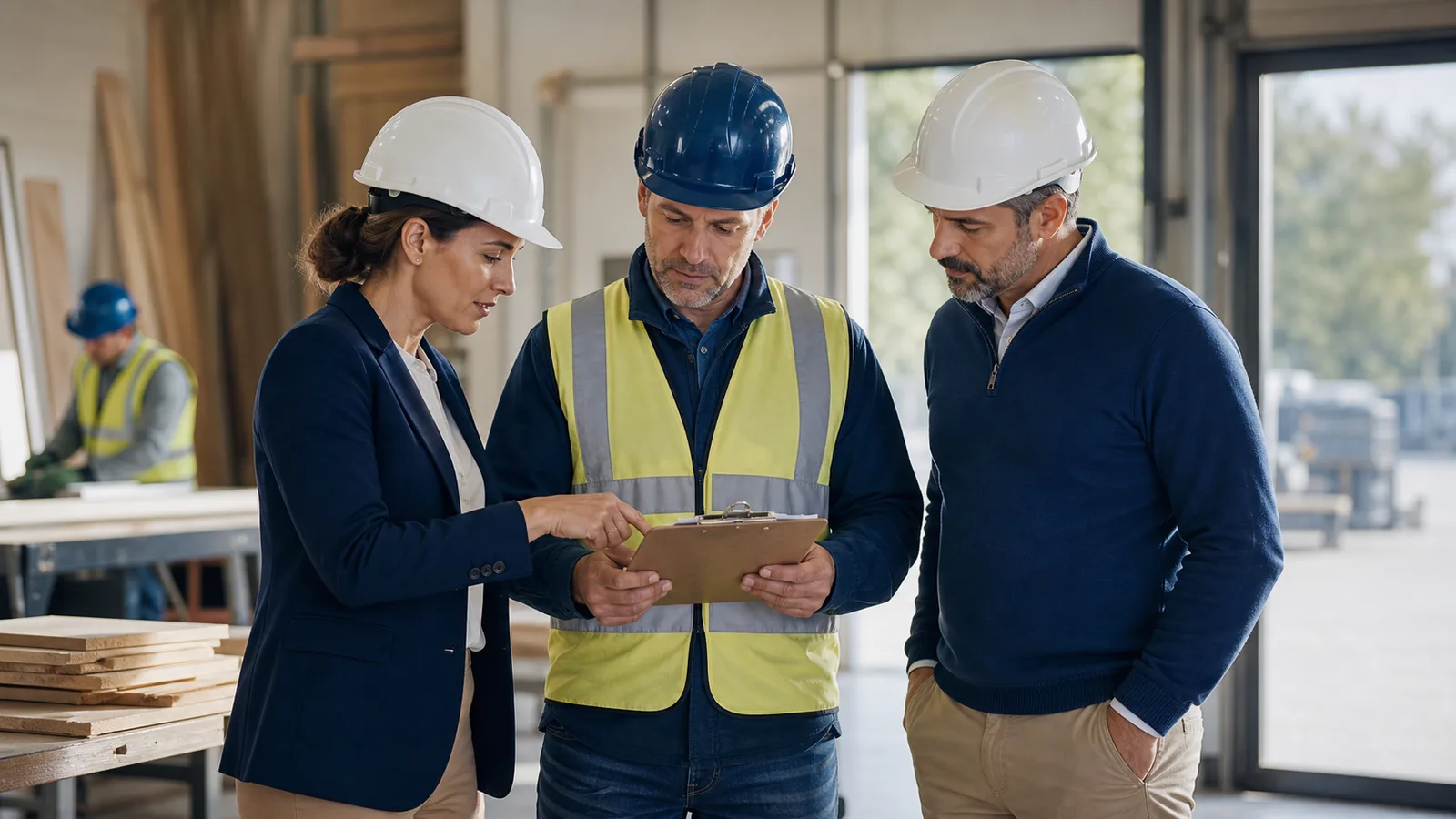 Business owner and insurance advisor reviewing workers compensation coverage at a job site