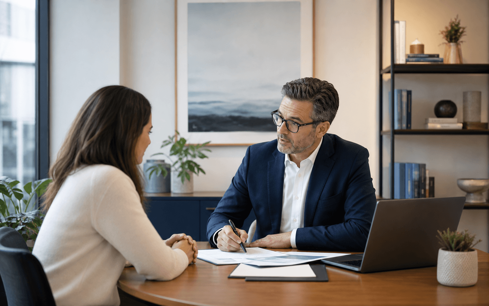 Insurance advisor discussing coverage feedback with a client in a professional office
