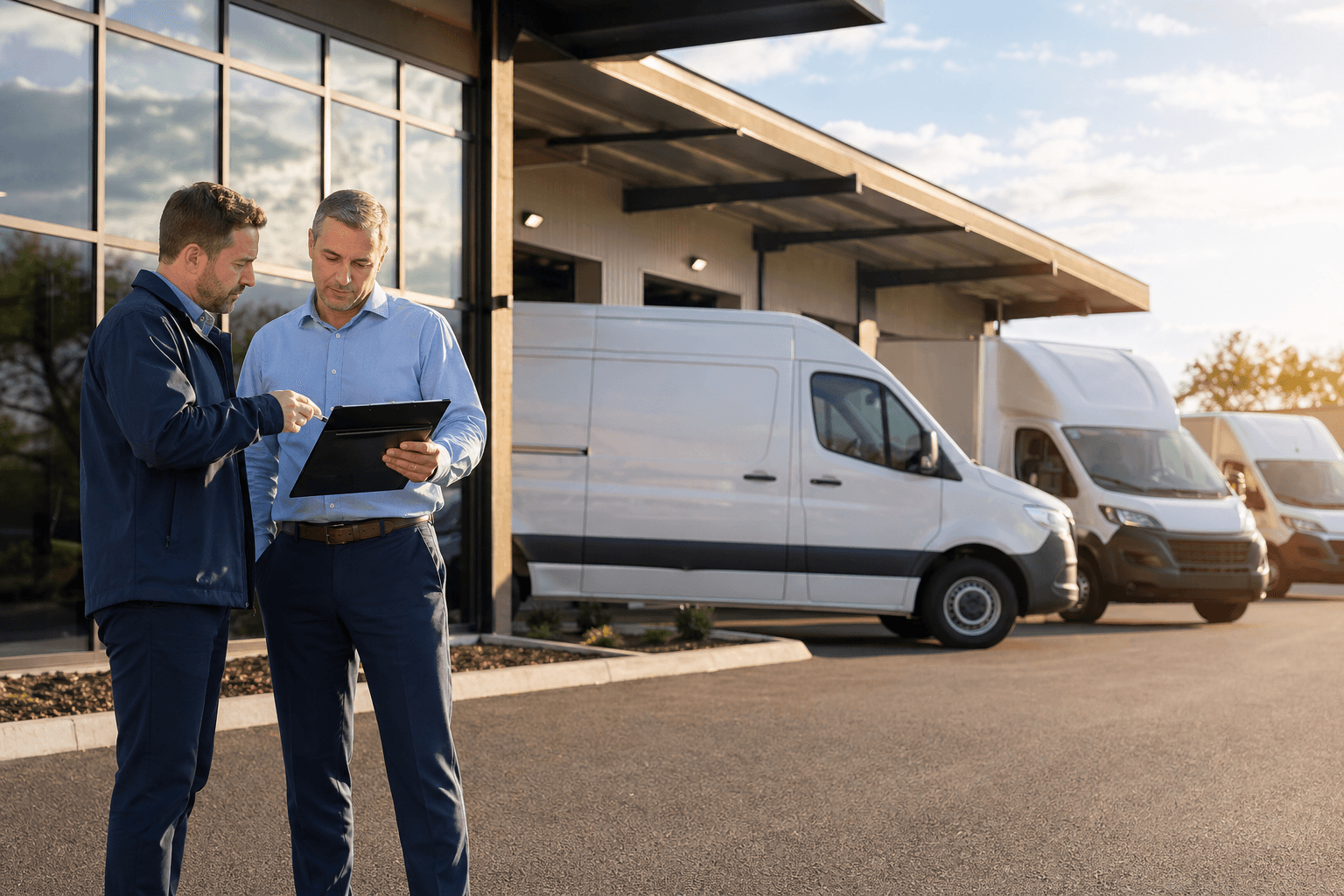 Commercial auto insurance review beside business fleet vehicles