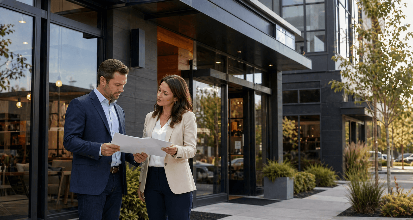Insurance advisor reviewing commercial property and liability coverage outside a business property
